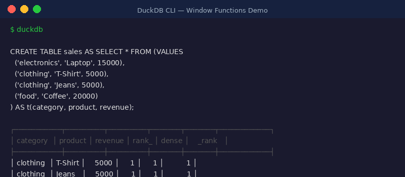 DuckDB Window Function Output